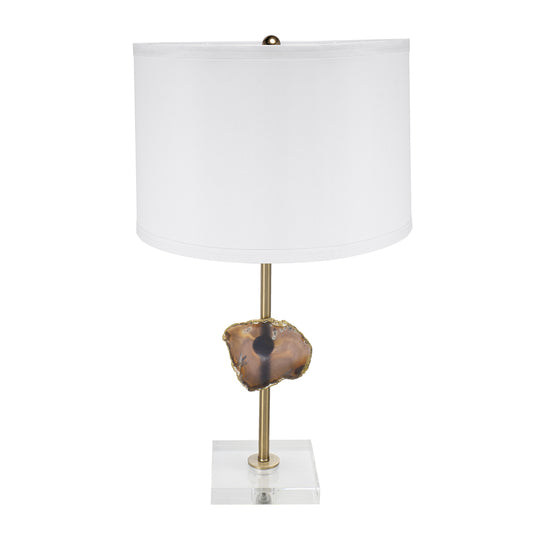 Gold Table Lamp with Agate Slice and White Drum Shade