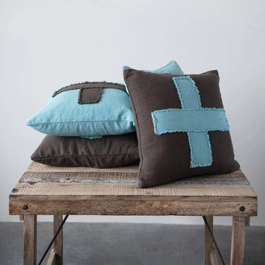 20" Cotton Slub Pillow with Swiss Cross, 2 Colors