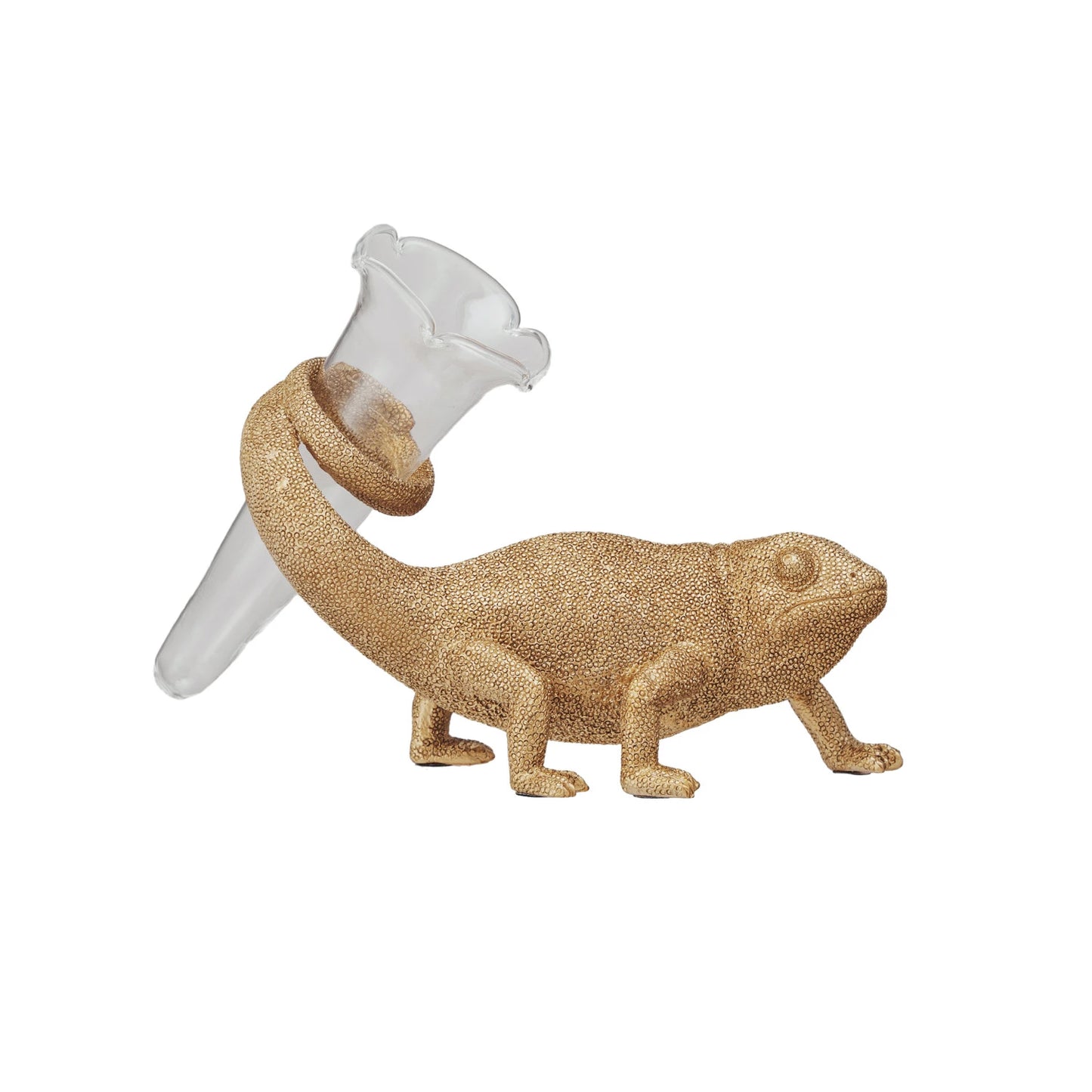 Resin Chameleon w/ Glass Vase, Gold Finish