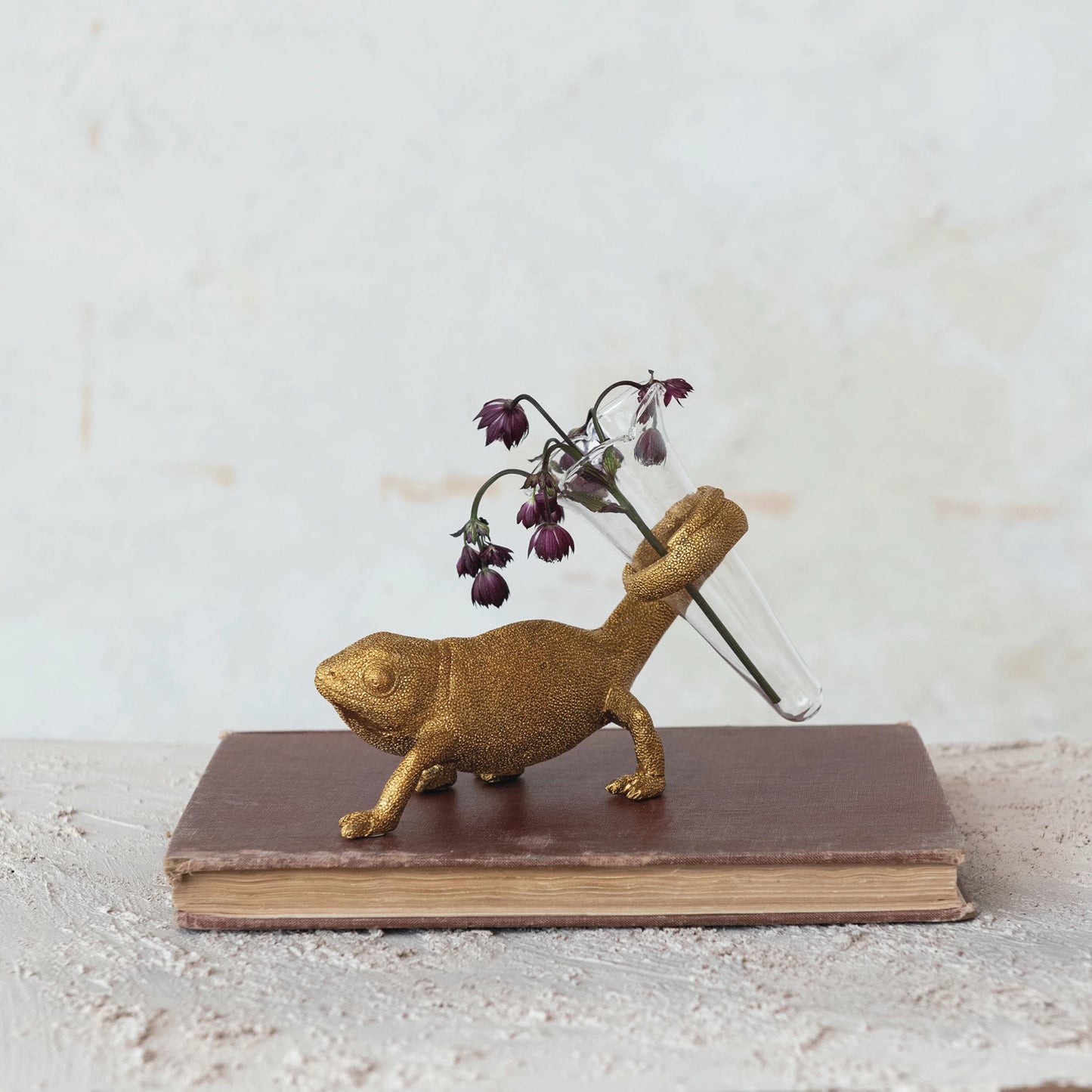 Resin Chameleon w/ Glass Vase, Gold Finish
