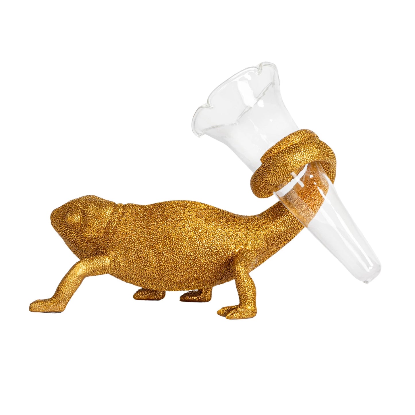Resin Chameleon w/ Glass Vase, Gold Finish