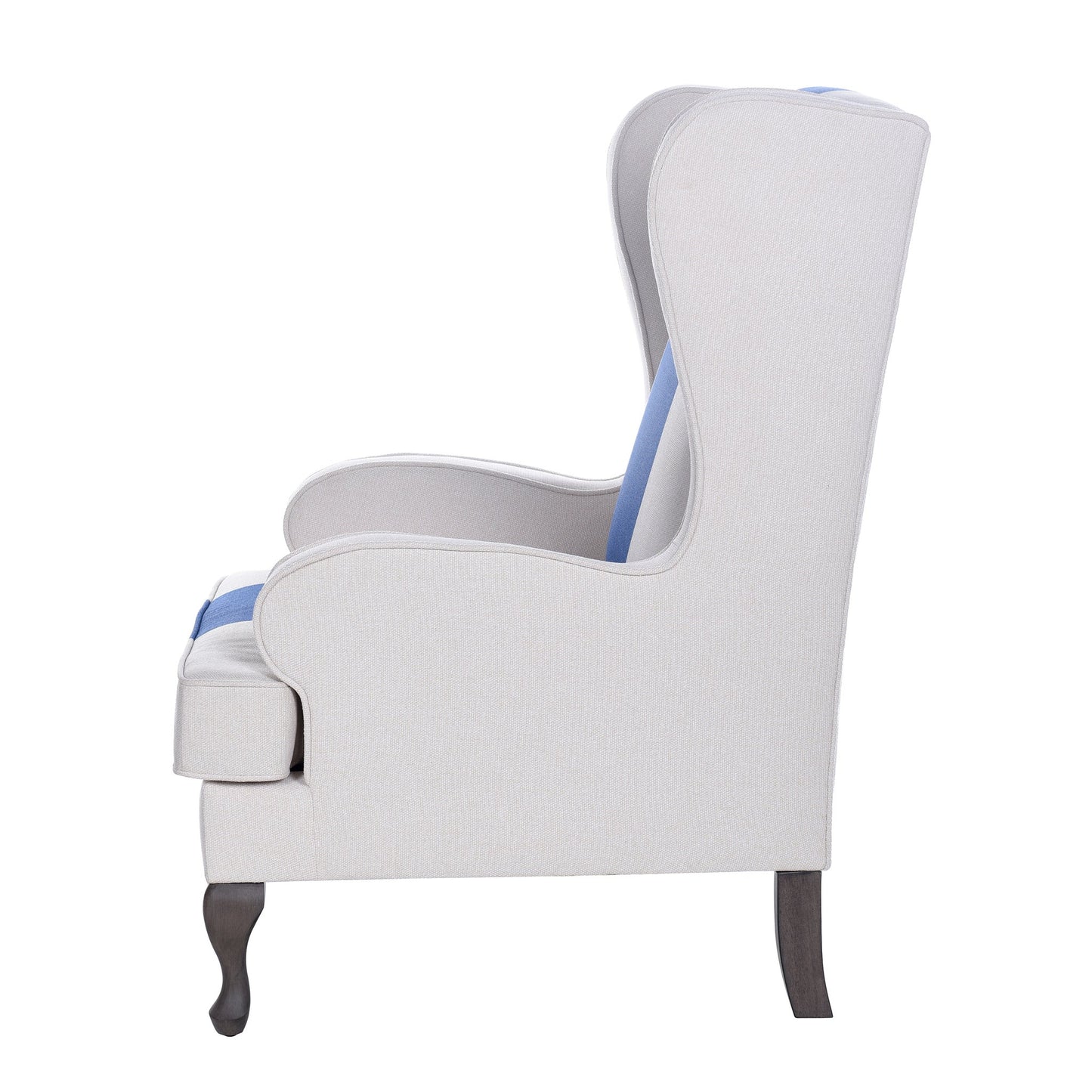 White Accent Chair with Blue Stripe and Wooden Cabriole Legs