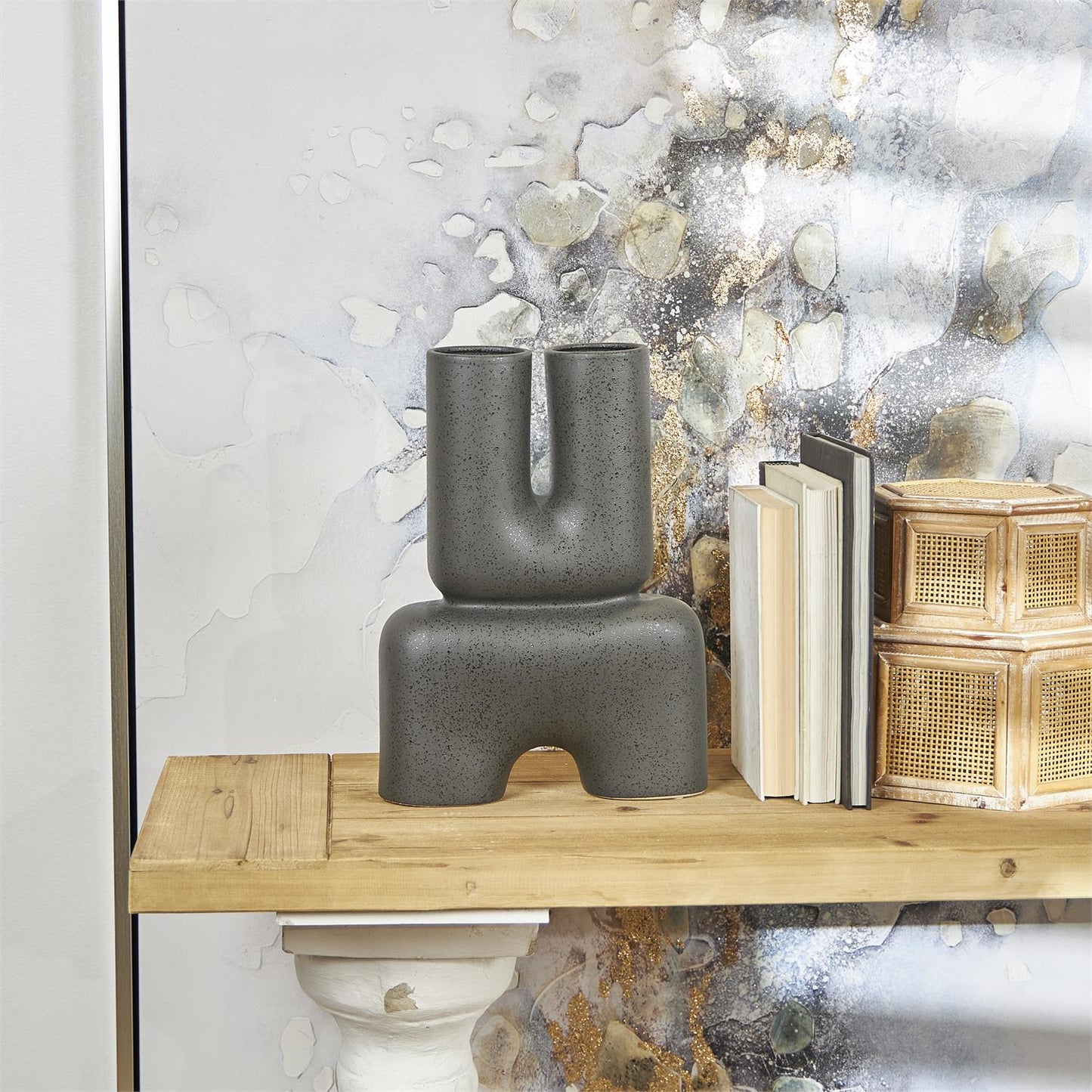 BLACK CERAMIC ABSTRACT U-SHAPED VASE