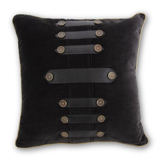 SQUARE BLACK VELVET PILLOW W/BUTTONS & BLACK STRAPS