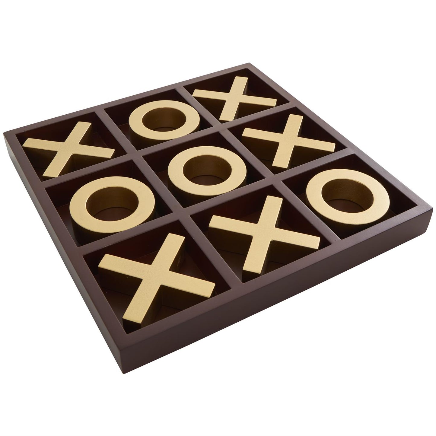 BROWN WOODEN TIC TAC TOE GAME SET WITH GOLD X AND O PIECES