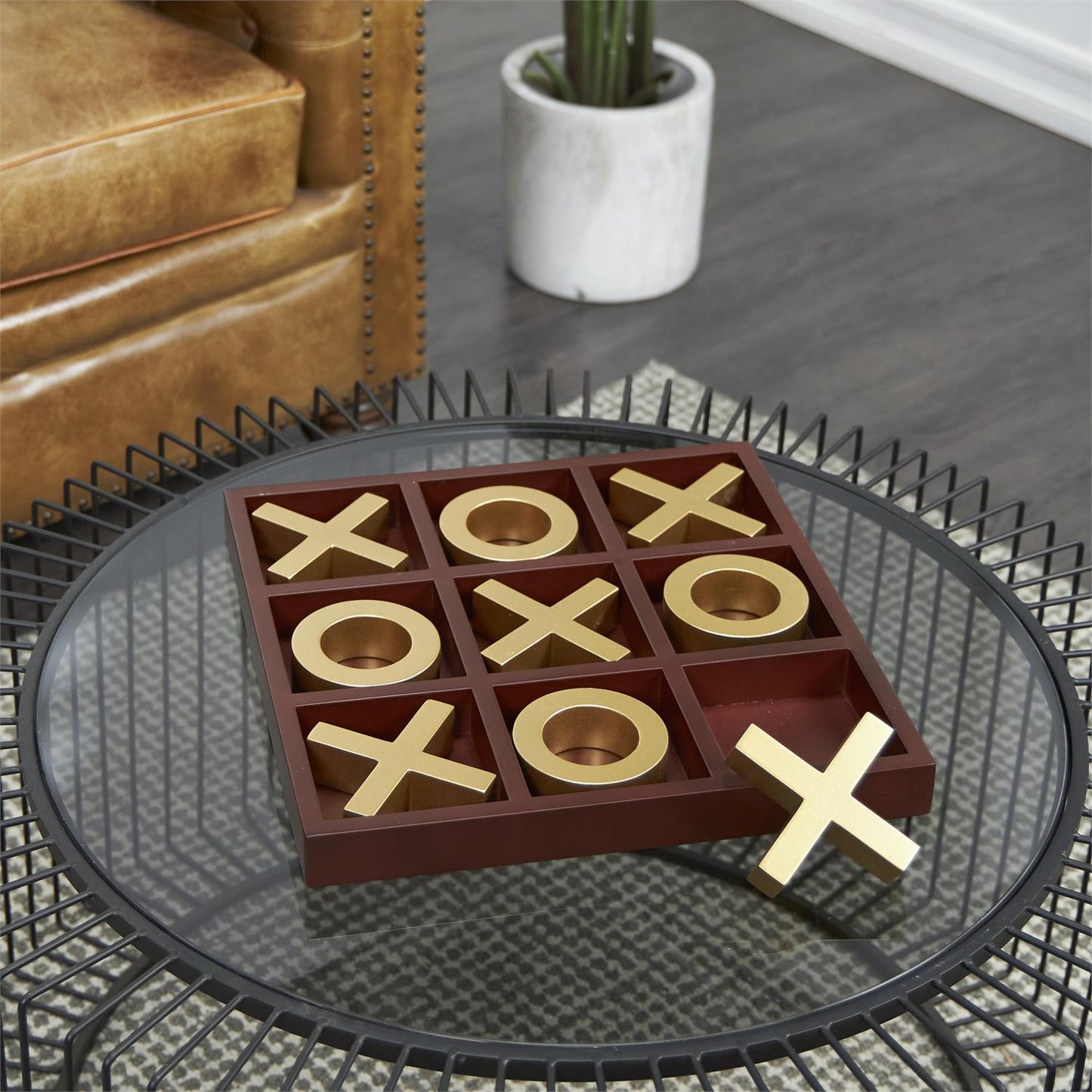 BROWN WOODEN TIC TAC TOE GAME SET WITH GOLD X AND O PIECES