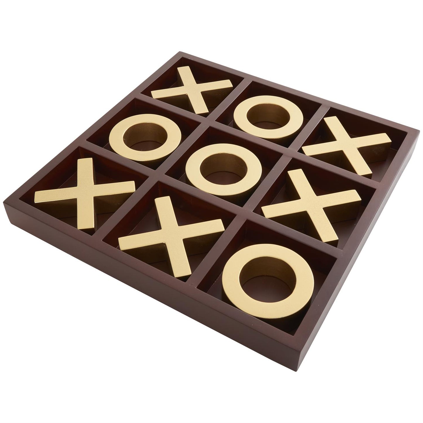 BROWN WOODEN TIC TAC TOE GAME SET WITH GOLD X AND O PIECES