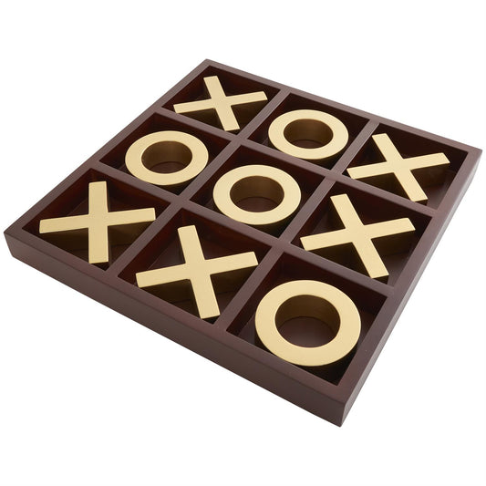 BROWN WOODEN TIC TAC TOE GAME SET WITH GOLD X AND O PIECES