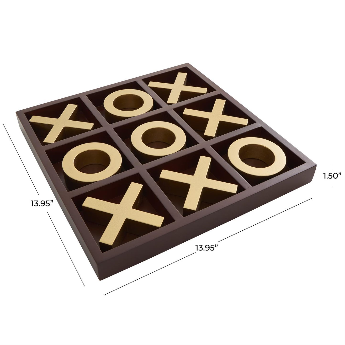 BROWN WOODEN TIC TAC TOE GAME SET WITH GOLD X AND O PIECES