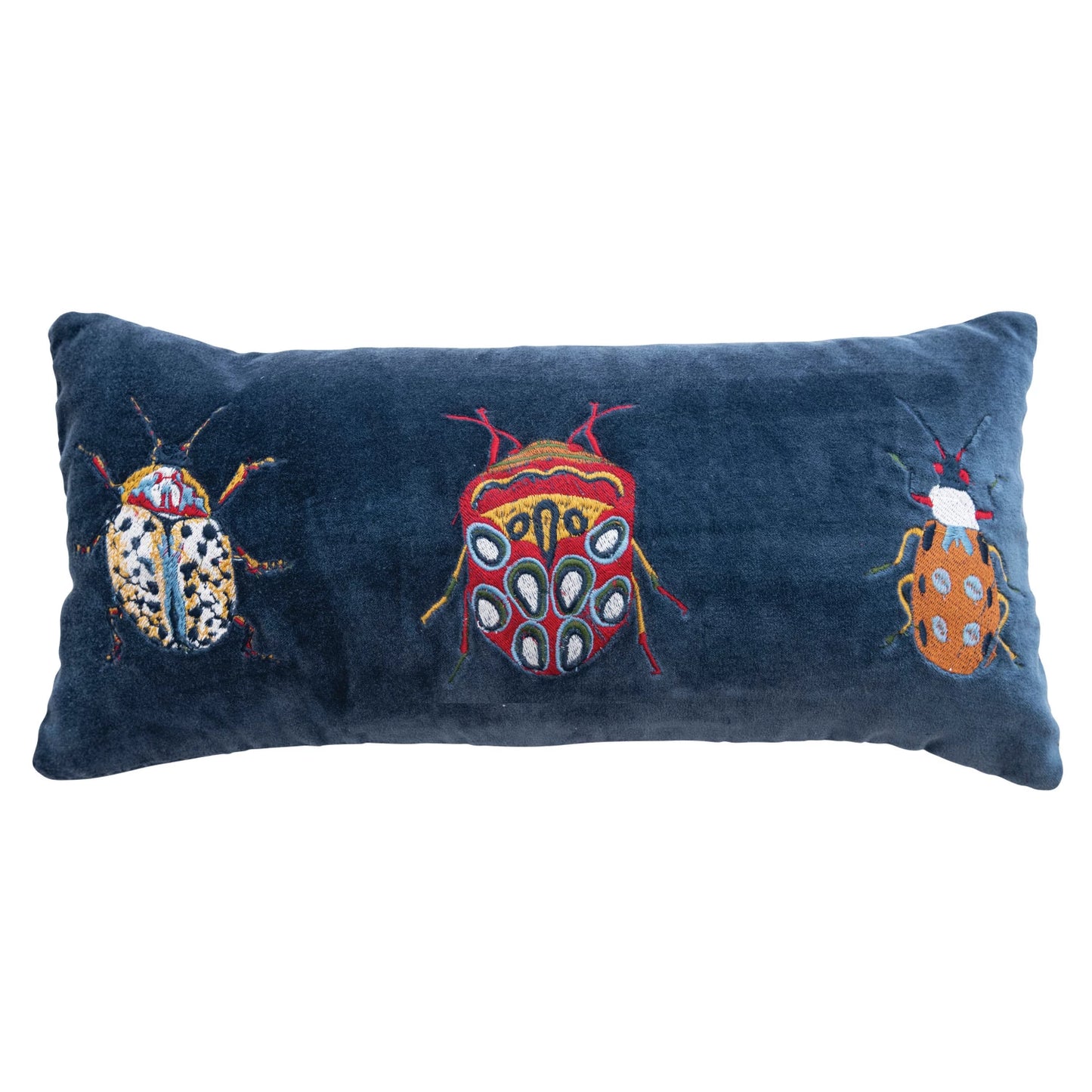 18"L x 8"H Cotton Velvet Embroidered Lumbar Pillow w/ Beetles & Chambray Back