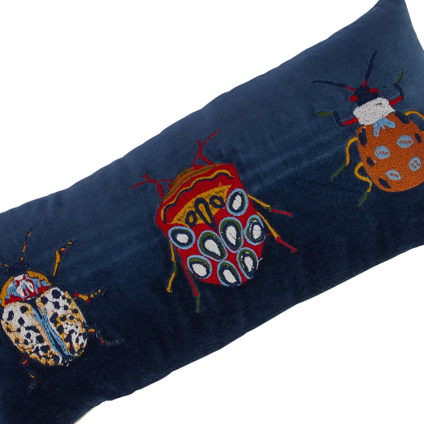 18"L x 8"H Cotton Velvet Embroidered Lumbar Pillow w/ Beetles & Chambray Back