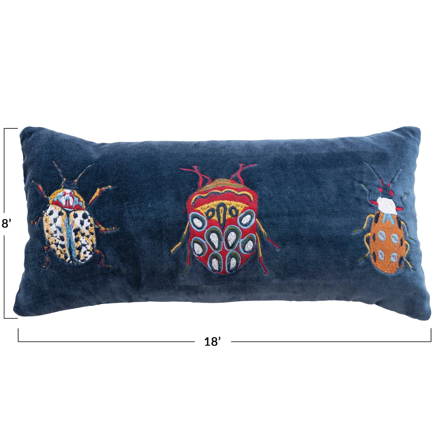 18"L x 8"H Cotton Velvet Embroidered Lumbar Pillow w/ Beetles & Chambray Back