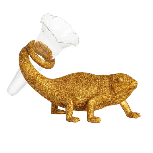 Resin Chameleon w/ Glass Vase, Gold Finish
