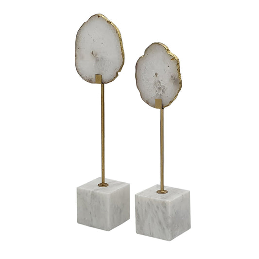 White Agate Decorative Statuaries with Gold Aluminum Stand and Marble Pedestal 82944