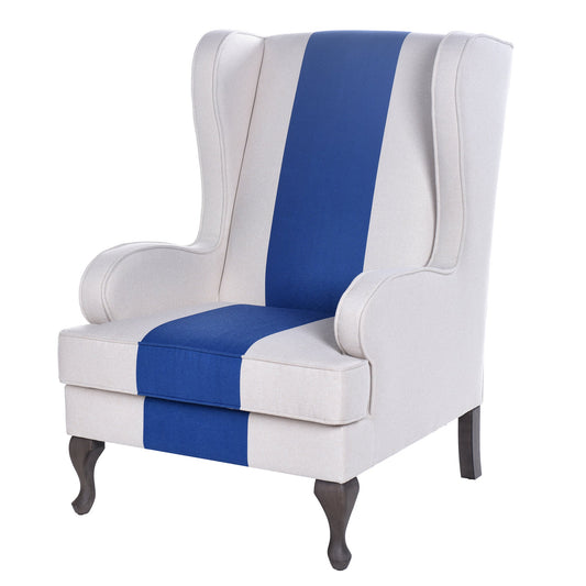 White Accent Chair with Blue Stripe and Wooden Cabriole Legs