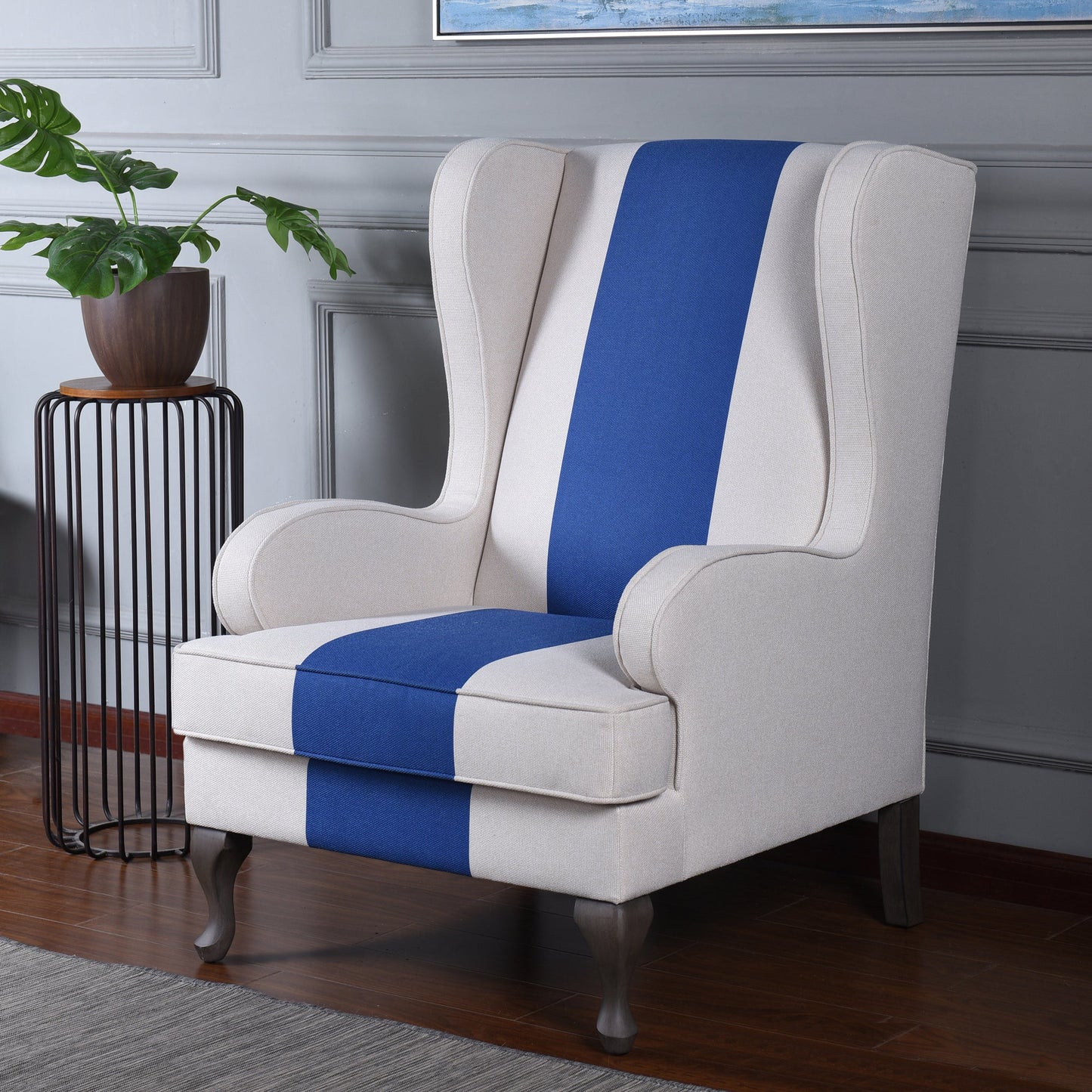 White Accent Chair with Blue Stripe and Wooden Cabriole Legs