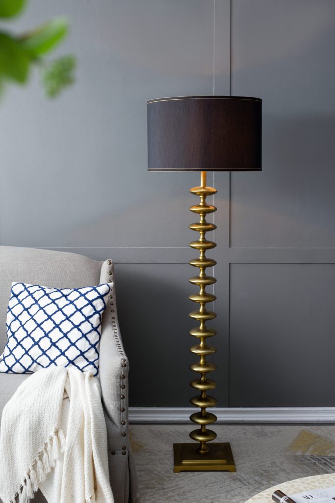 Gold and Black Floor Lamp with Contemporary Disc